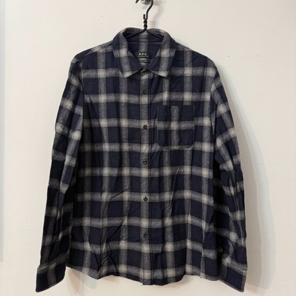 A.P.C. Rue Madame Paris Navy Gray Plaid Flannel Shirt Size L